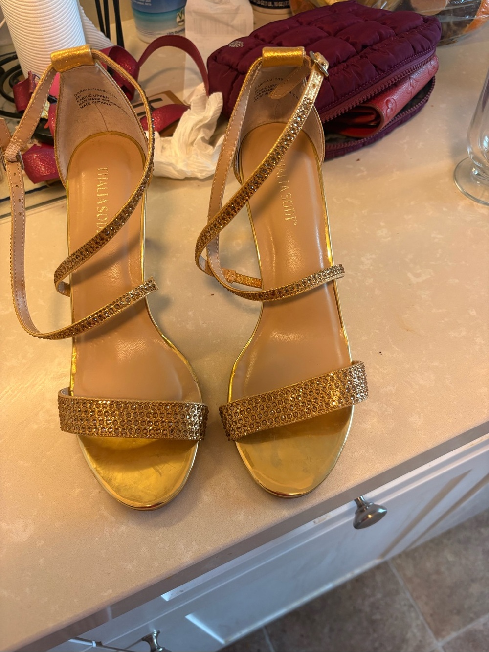 Thalia Sodi Gold Rhinestone Strappy High Heels